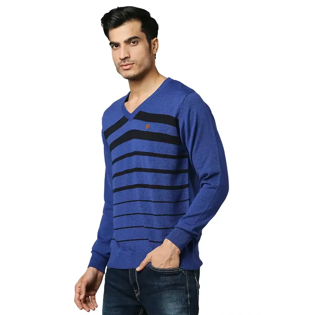 Men Blue Stripe Acrylic Wool Blend Full Sleeve V Neck Collar Sweaters