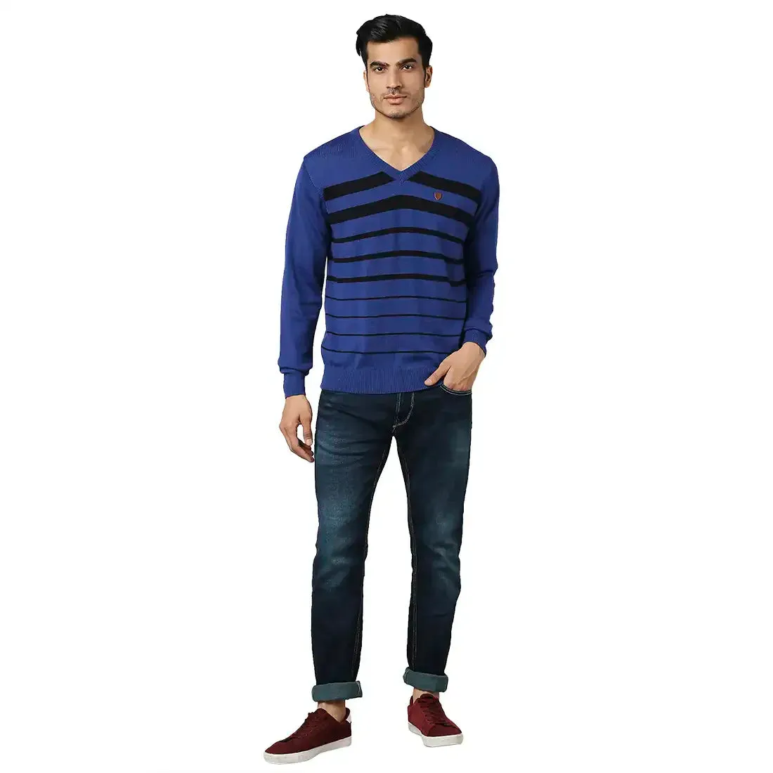 Men Blue Stripe Acrylic Wool Blend Full Sleeve V Neck Collar Sweaters