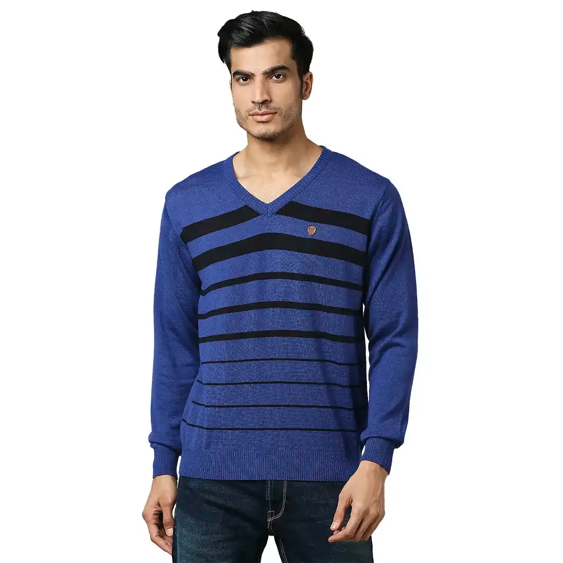 Men Blue Stripe Acrylic Wool Blend Full Sleeve V Neck Collar Sweaters