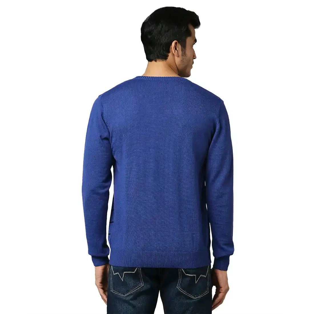 Men Blue Stripe Acrylic Wool Blend Full Sleeve V Neck Collar Sweaters