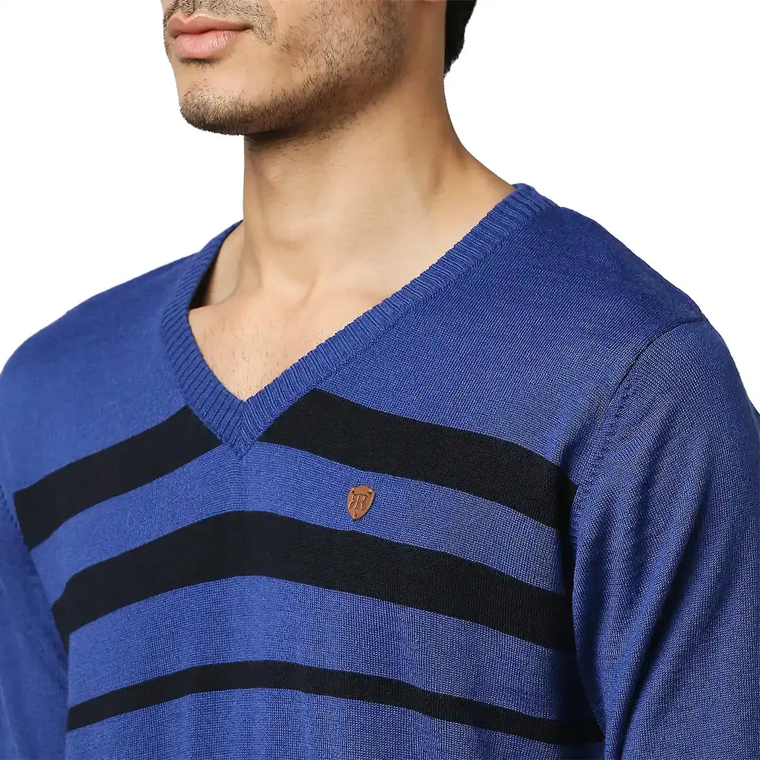 Men Blue Stripe Acrylic Wool Blend Full Sleeve V Neck Collar Sweaters