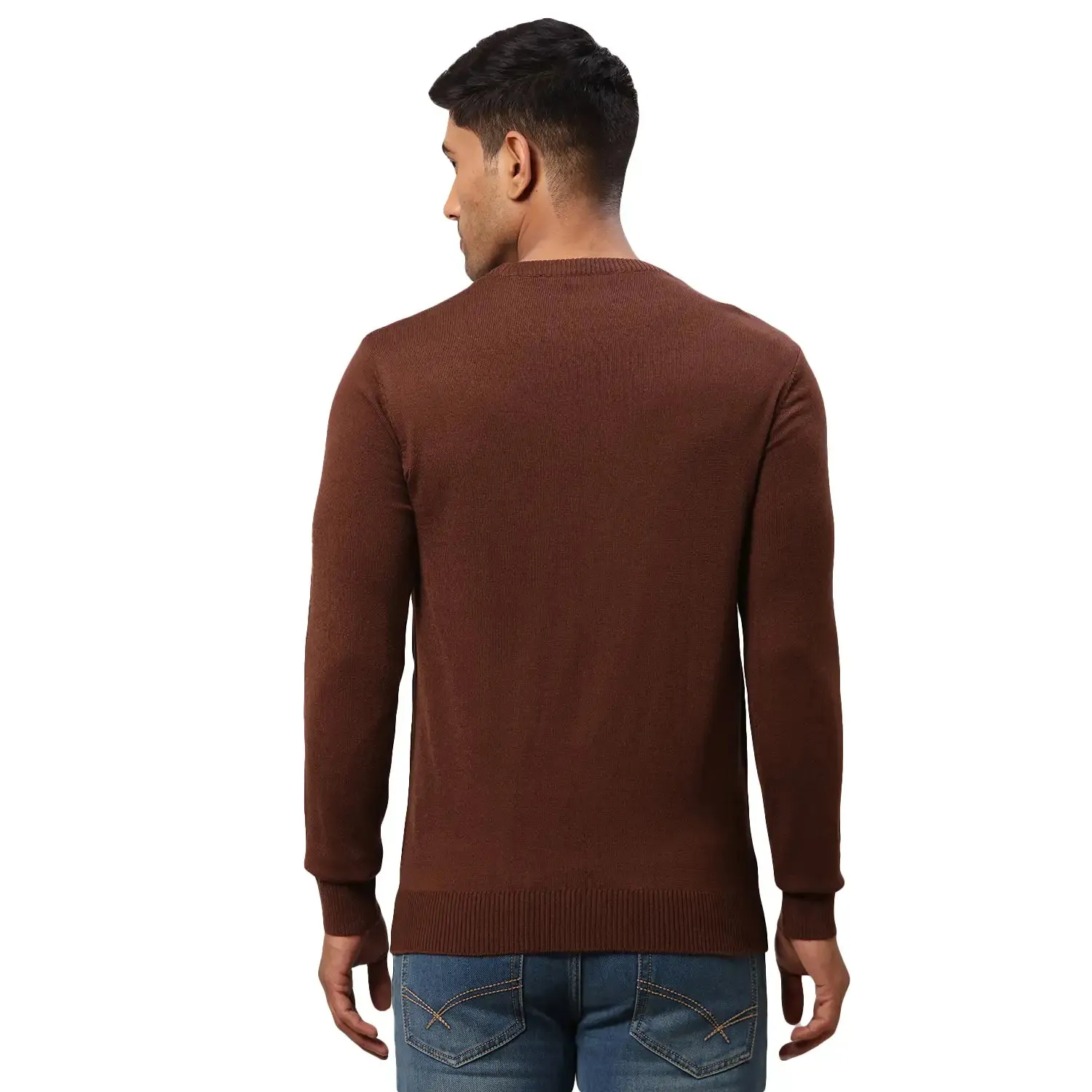 Men Brown Structure Cable Acrylic Wool Blend Round Collar Sweaters