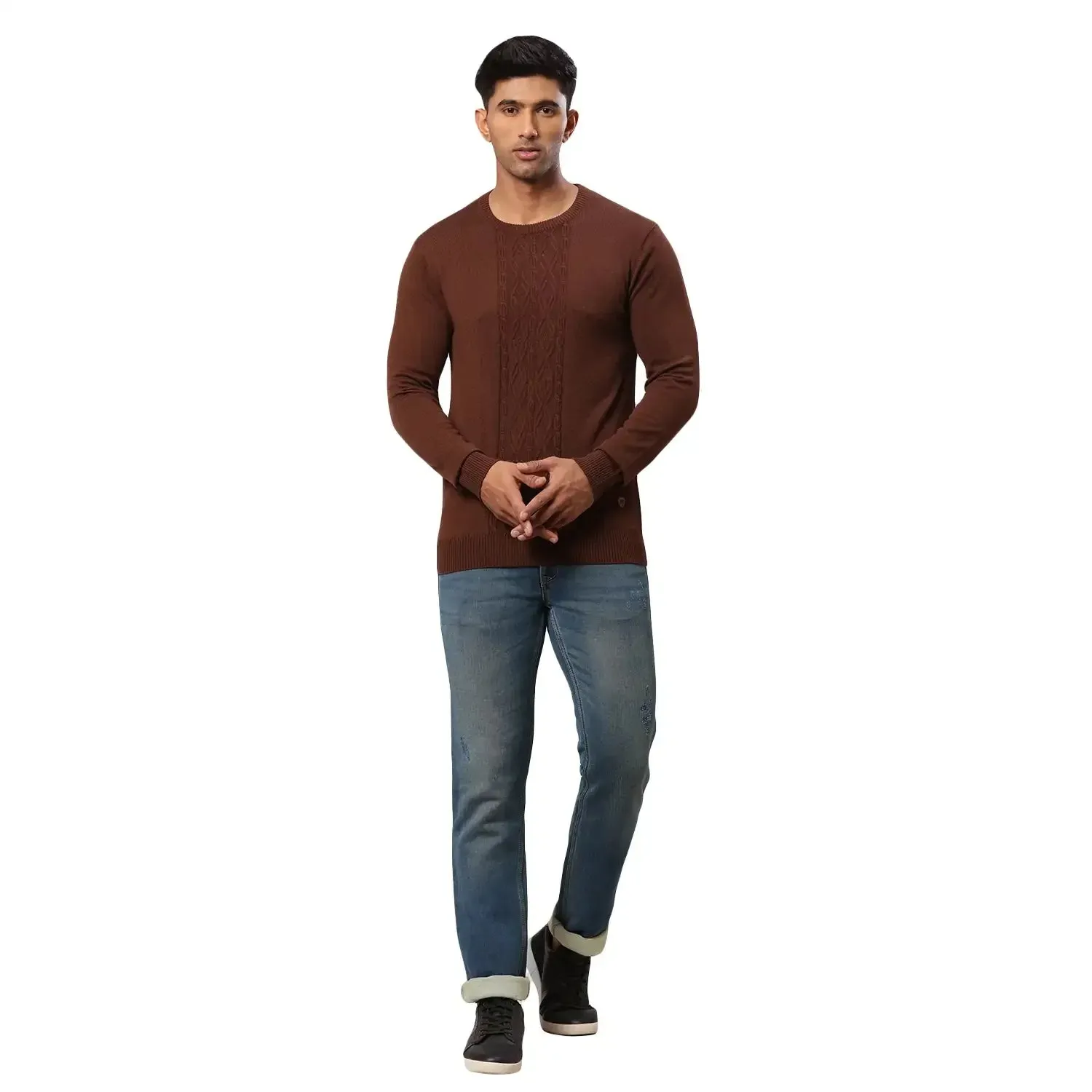 Men Brown Structure Cable Acrylic Wool Blend Round Collar Sweaters