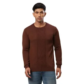 Men Brown Structure Cable Acrylic Wool Blend Round Collar Sweaters