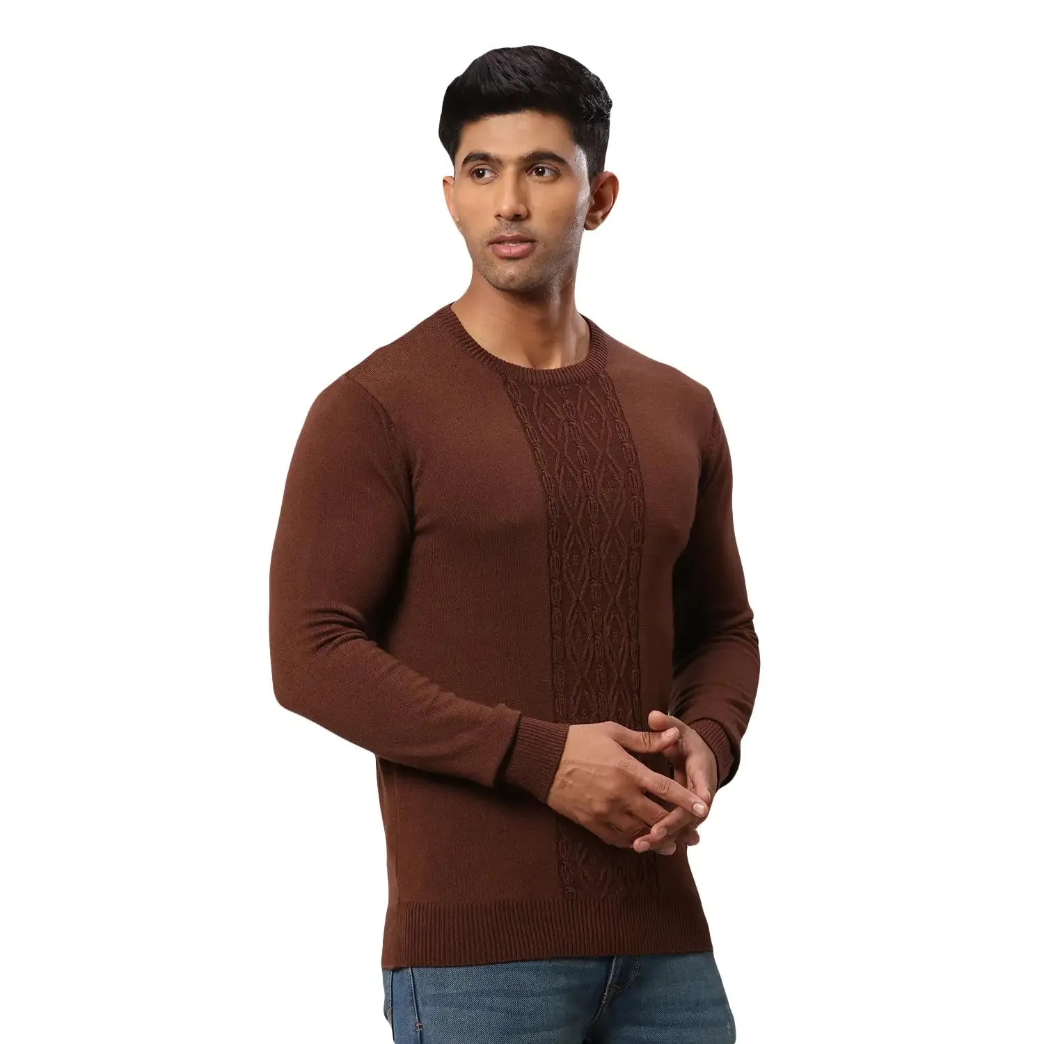 Men Brown Structure Cable Acrylic Wool Blend Round Collar Sweaters