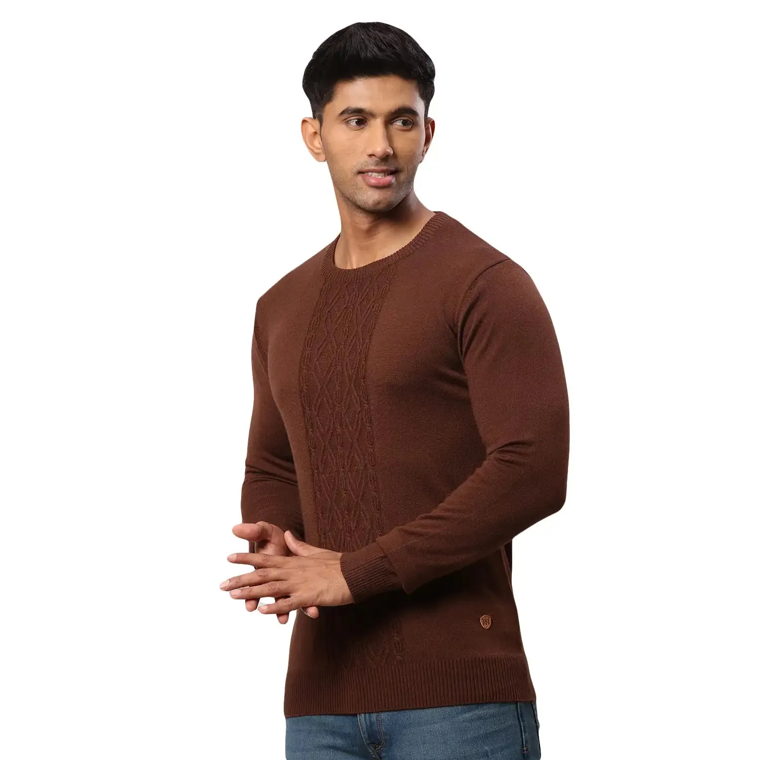 Men Brown Structure Cable Acrylic Wool Blend Round Collar Sweaters