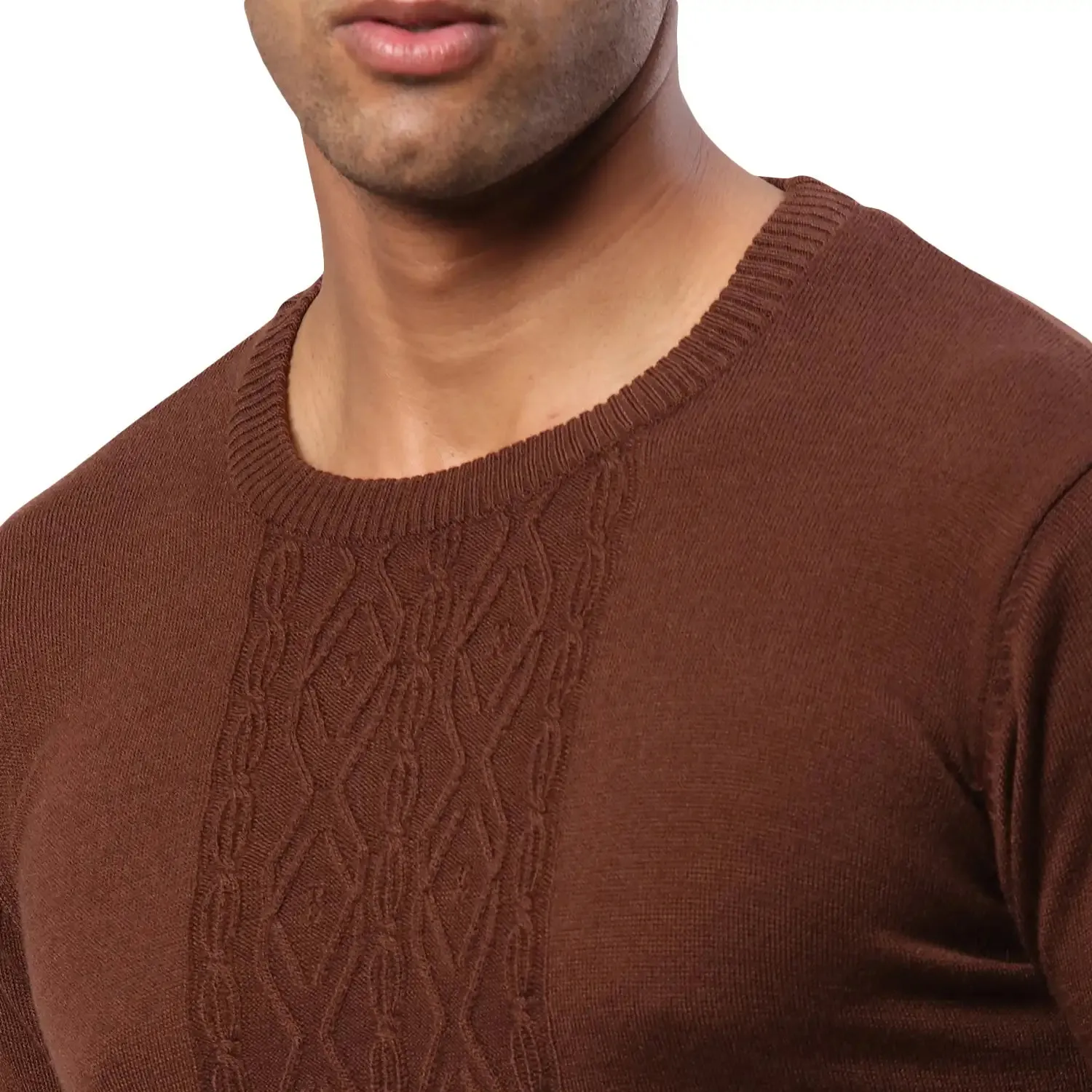 Men Brown Structure Cable Acrylic Wool Blend Round Collar Sweaters