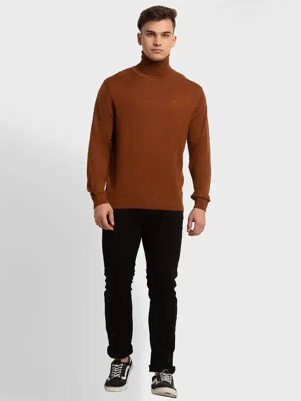 Men Brown Tailored Fit Solid Merino Wool Acrylic Blend Full Sleeve V Neck Collar Sweaters