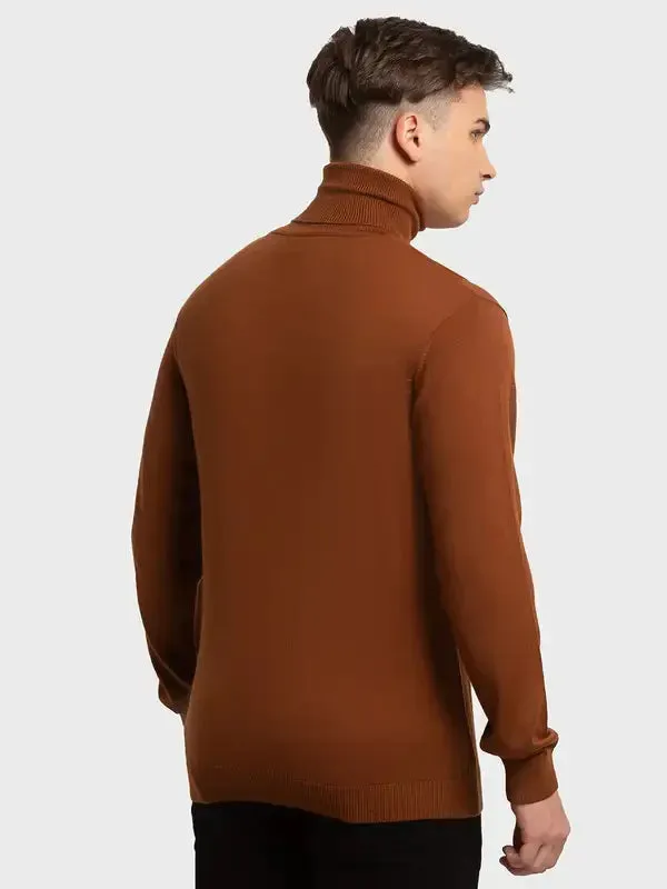 Men Brown Tailored Fit Solid Merino Wool Acrylic Blend Full Sleeve V Neck Collar Sweaters