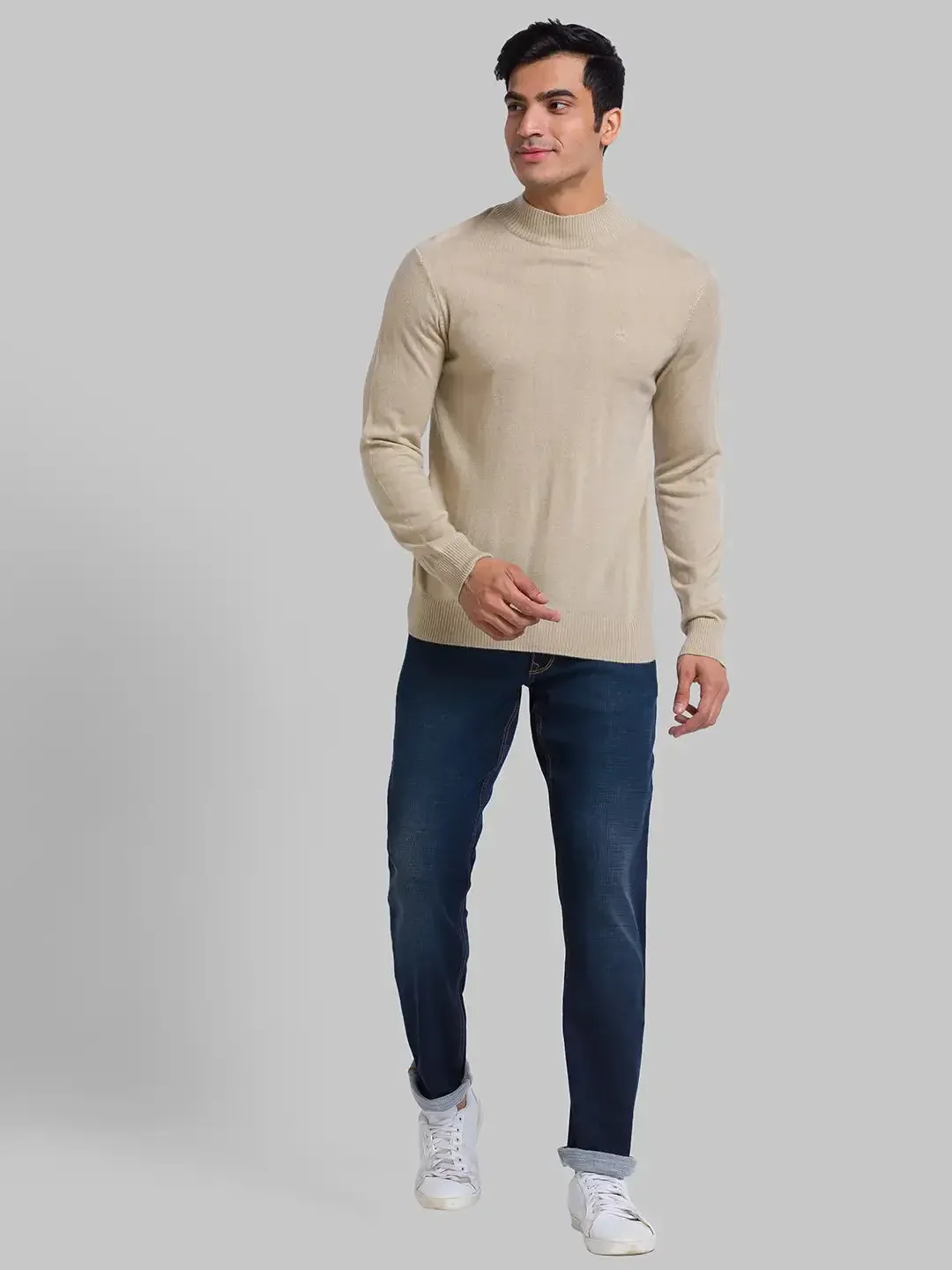 Men Fawn Solid Acrylic Wool Blend Full Sleeve Sweaters