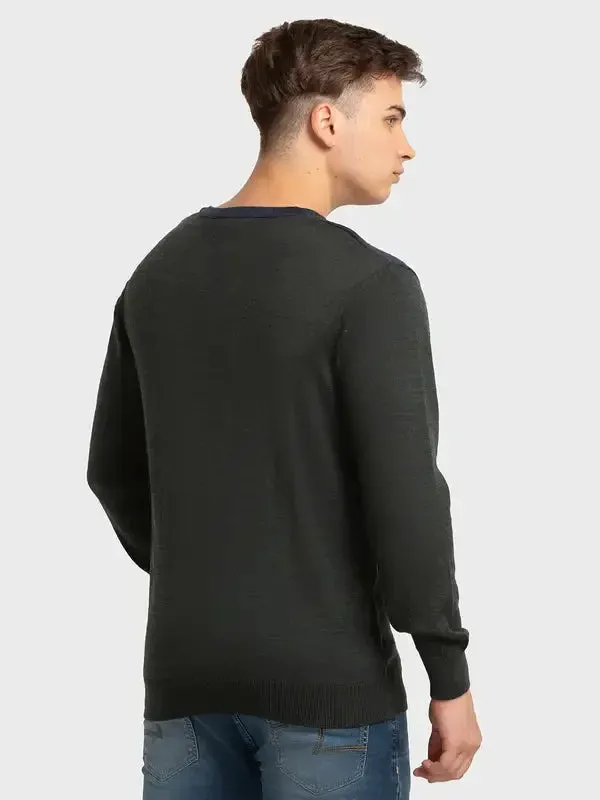 Men Fawn Tailored Fit Jacquard Merino Wool Acrylic Blend Full Sleeve V Neck Collar Sweaters