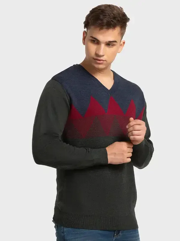 Men Fawn Tailored Fit Jacquard Merino Wool Acrylic Blend Full Sleeve V Neck Collar Sweaters