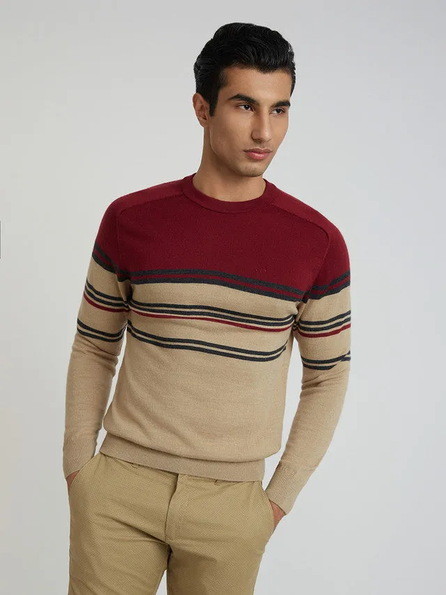 Men Fawn Tailored Fit Stripe Merino Wool Acrylic Blend Full Sleeve V Neck Collar Sweaters