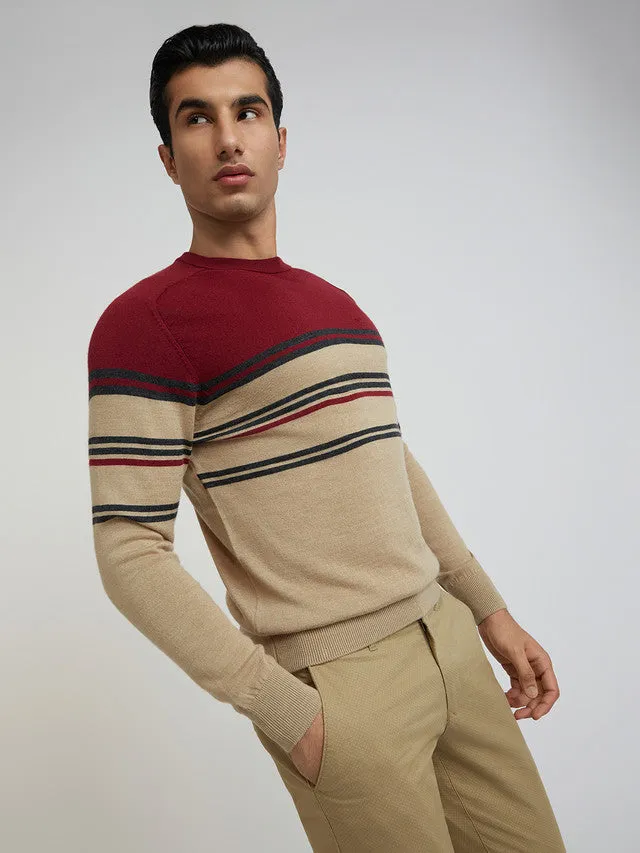 Men Fawn Tailored Fit Stripe Merino Wool Acrylic Blend Full Sleeve V Neck Collar Sweaters