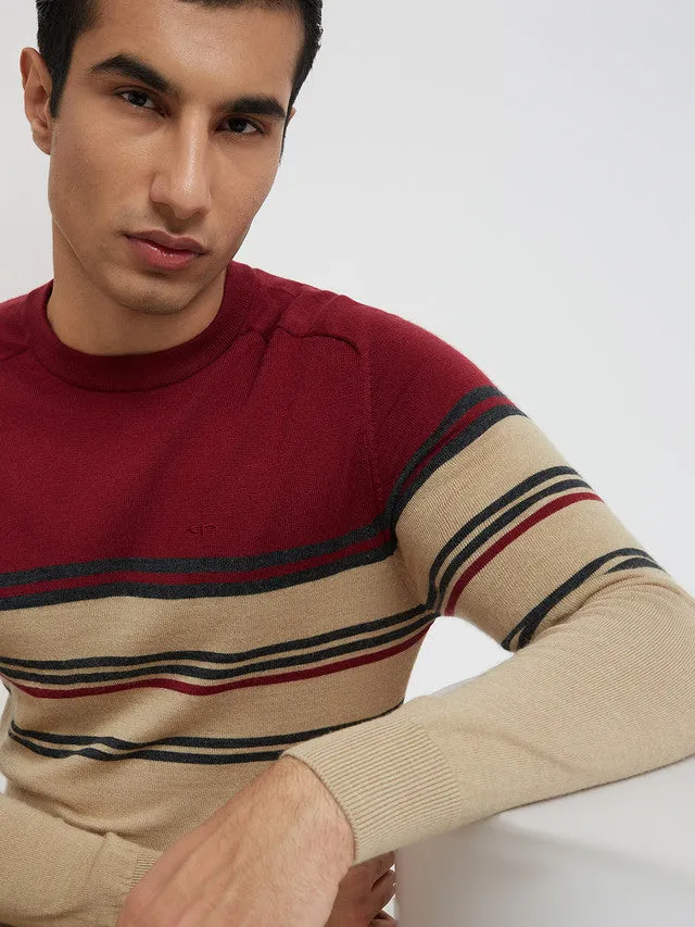 Men Fawn Tailored Fit Stripe Merino Wool Acrylic Blend Full Sleeve V Neck Collar Sweaters