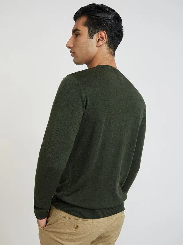 Men Green Structure Cable Acrylic Wool Blend Round Collar Sweaters