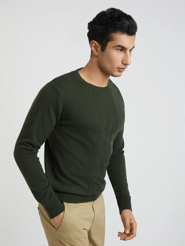 Men Green Structure Cable Acrylic Wool Blend Round Collar Sweaters