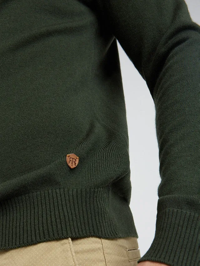 Men Green Structure Cable Acrylic Wool Blend Round Collar Sweaters