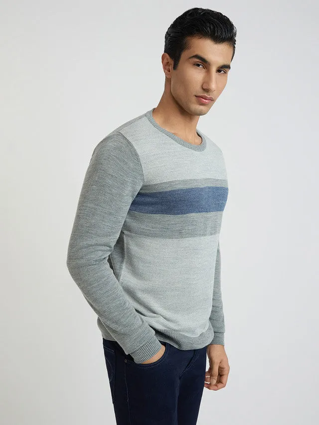 Men Grey Jacquard Acrylic Wool Blend Round Collar Sweaters