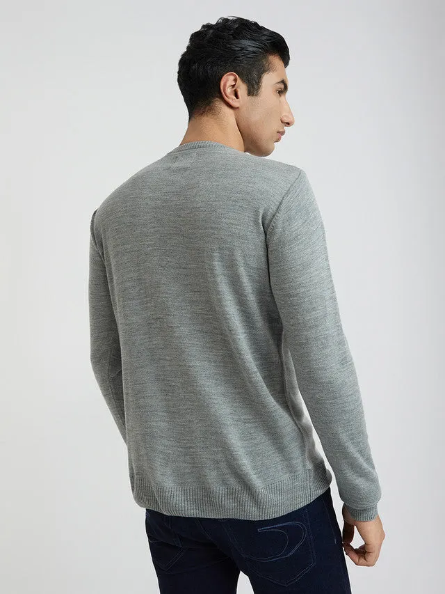 Men Grey Jacquard Acrylic Wool Blend Round Collar Sweaters