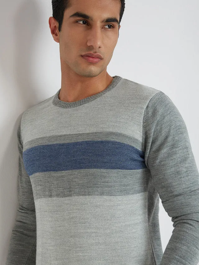 Men Grey Jacquard Acrylic Wool Blend Round Collar Sweaters