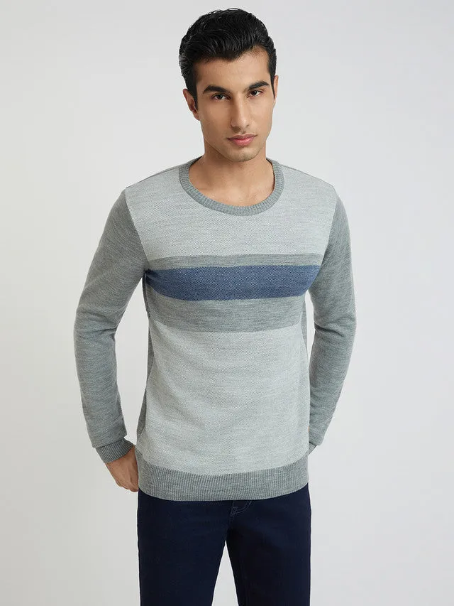 Men Grey Jacquard Acrylic Wool Blend Round Collar Sweaters