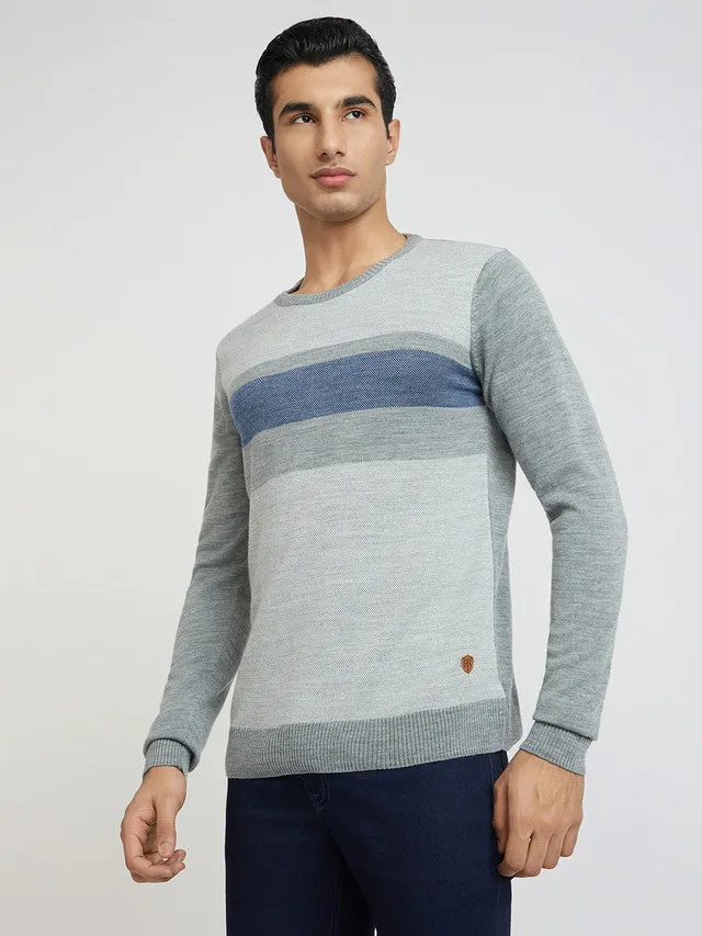 Men Grey Jacquard Acrylic Wool Blend Round Collar Sweaters