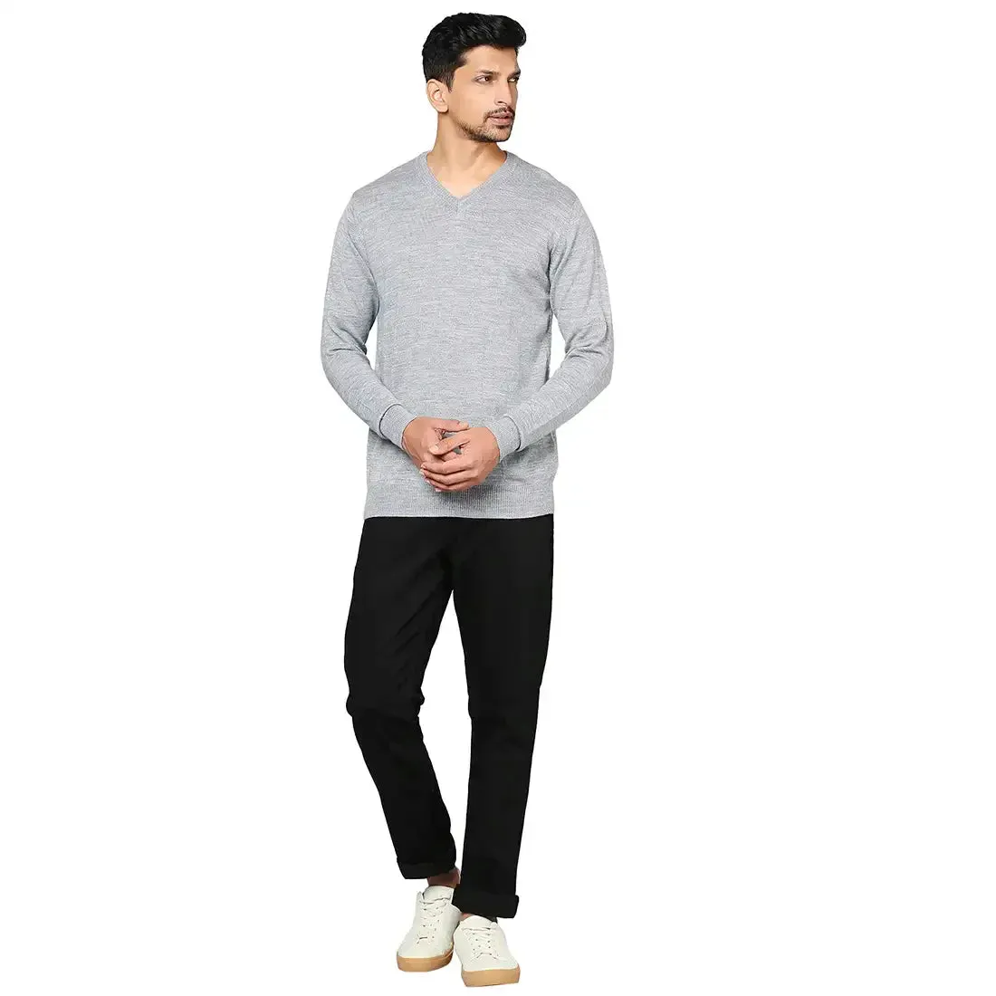 Men Grey Solid Wool Blend Full Sleeve V Neck Collar Sweaters