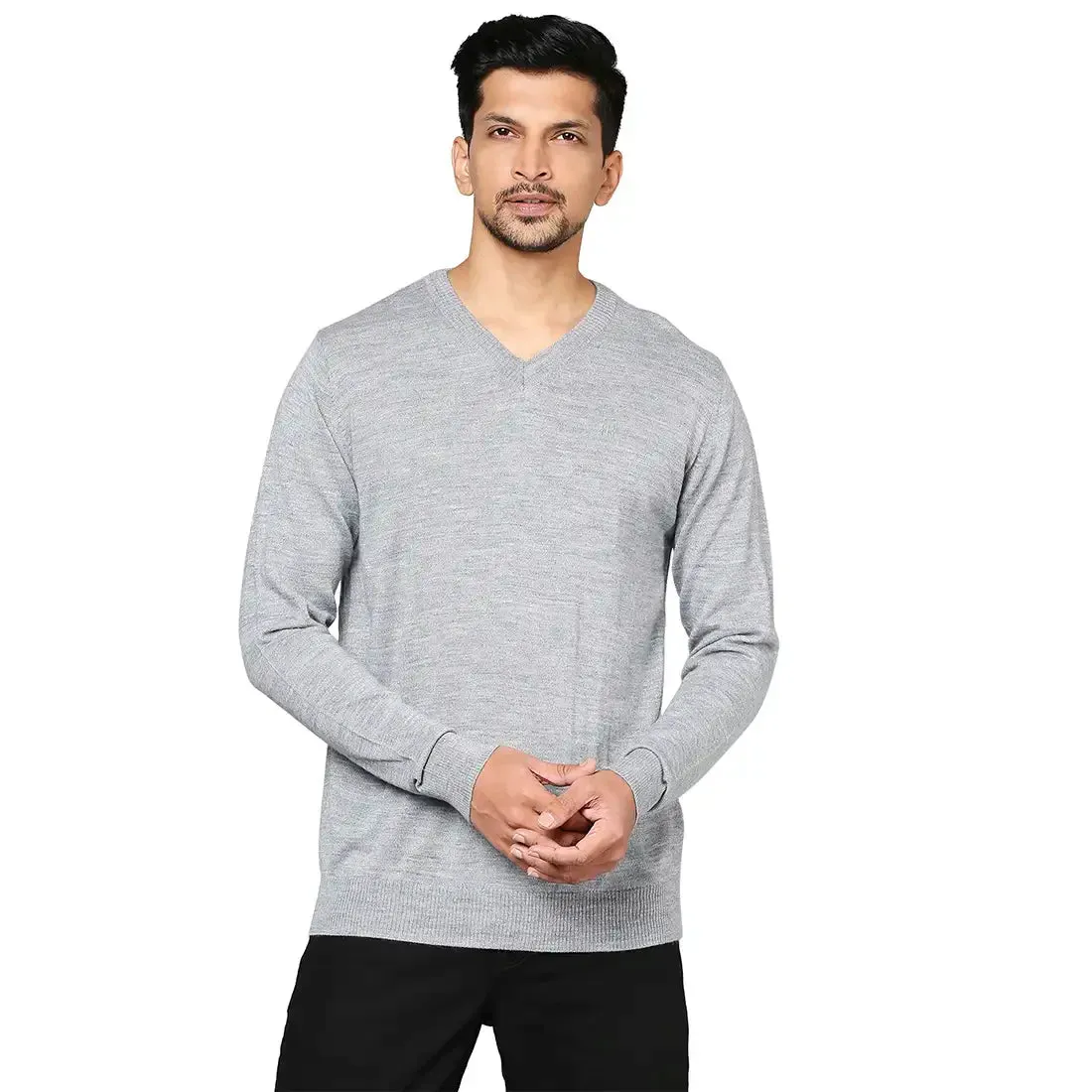 Men Grey Solid Wool Blend Full Sleeve V Neck Collar Sweaters