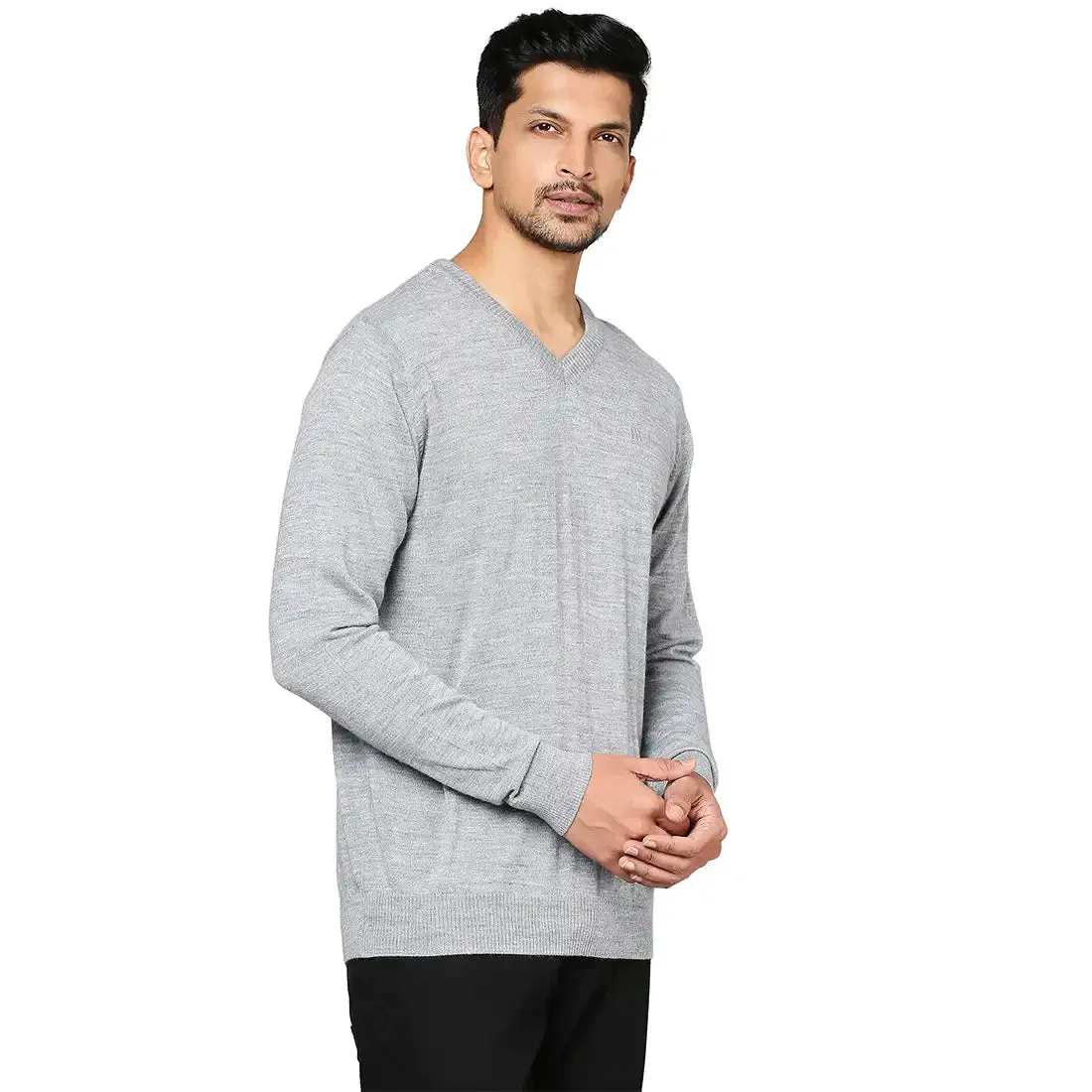 Men Grey Solid Wool Blend Full Sleeve V Neck Collar Sweaters