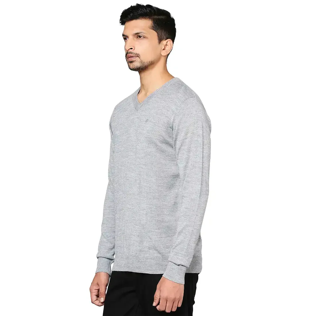 Men Grey Solid Wool Blend Full Sleeve V Neck Collar Sweaters