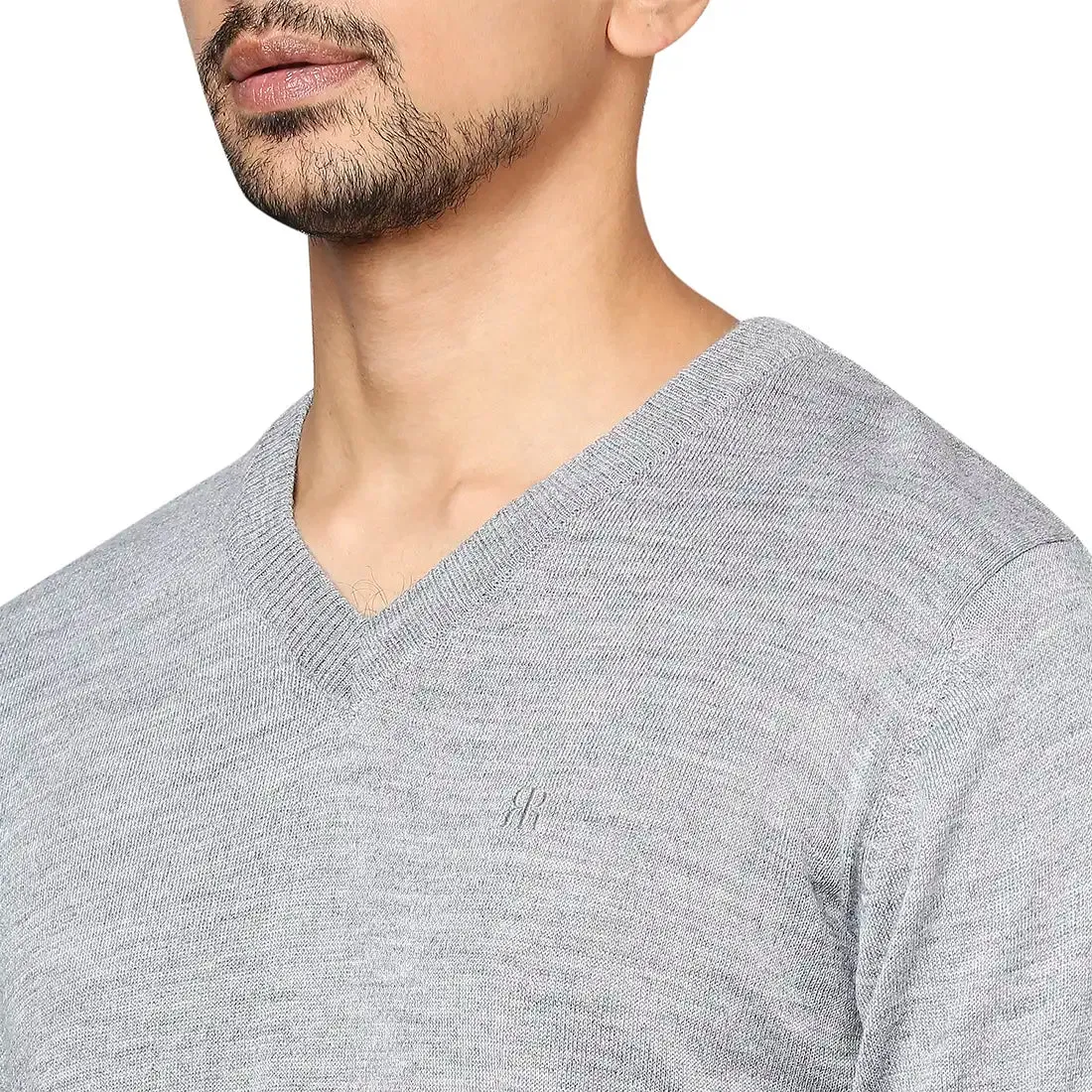 Men Grey Solid Wool Blend Full Sleeve V Neck Collar Sweaters