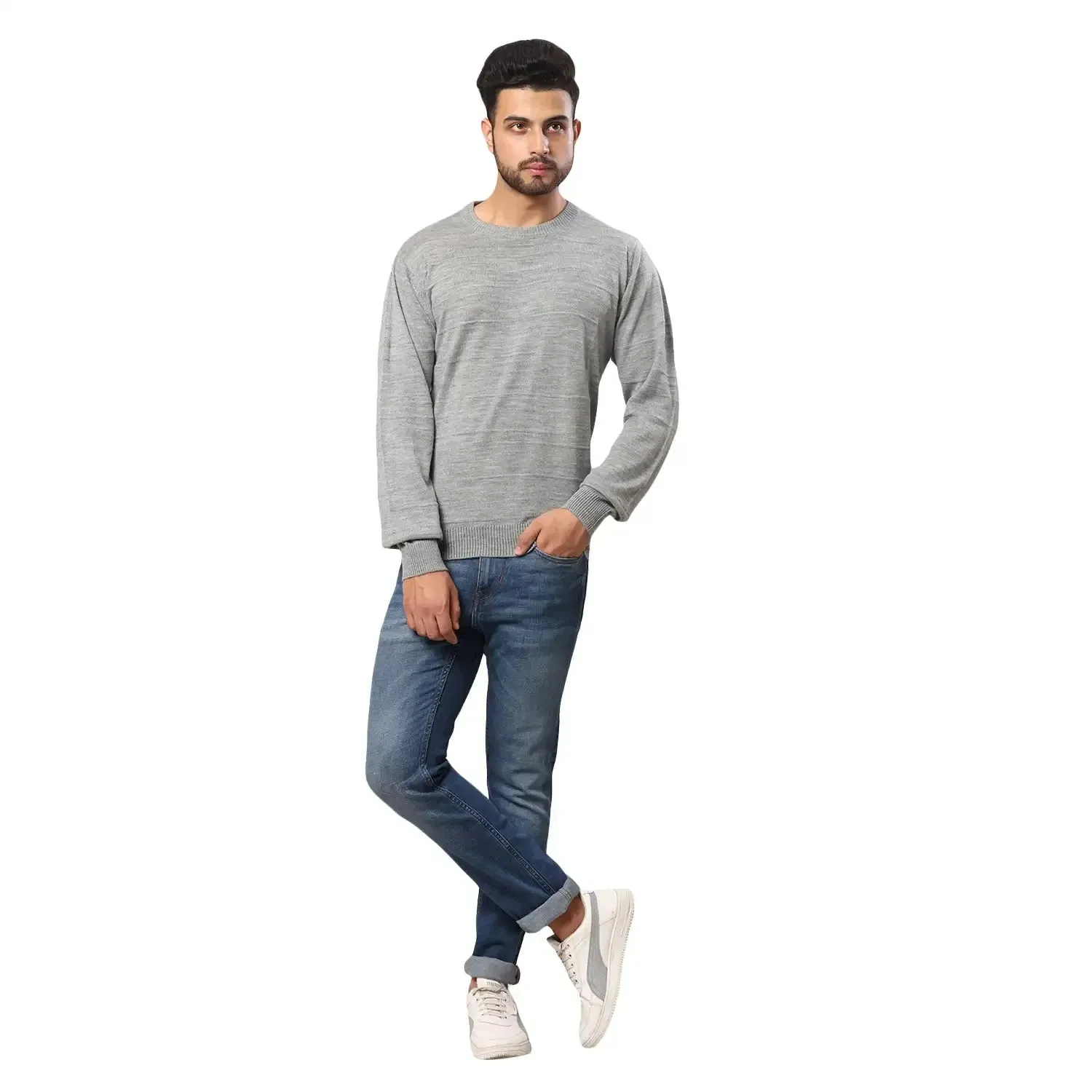 Men Grey Structure Cable Acrylic Wool Blend Full Sleeve V Neck Collar Sweaters