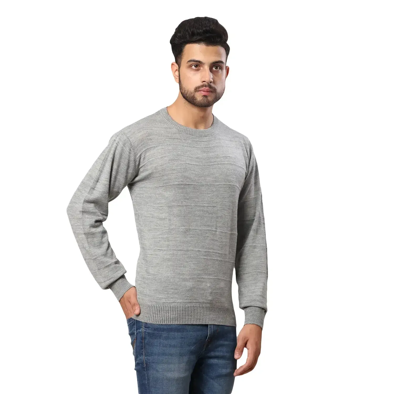 Men Grey Structure Cable Acrylic Wool Blend Full Sleeve V Neck Collar Sweaters