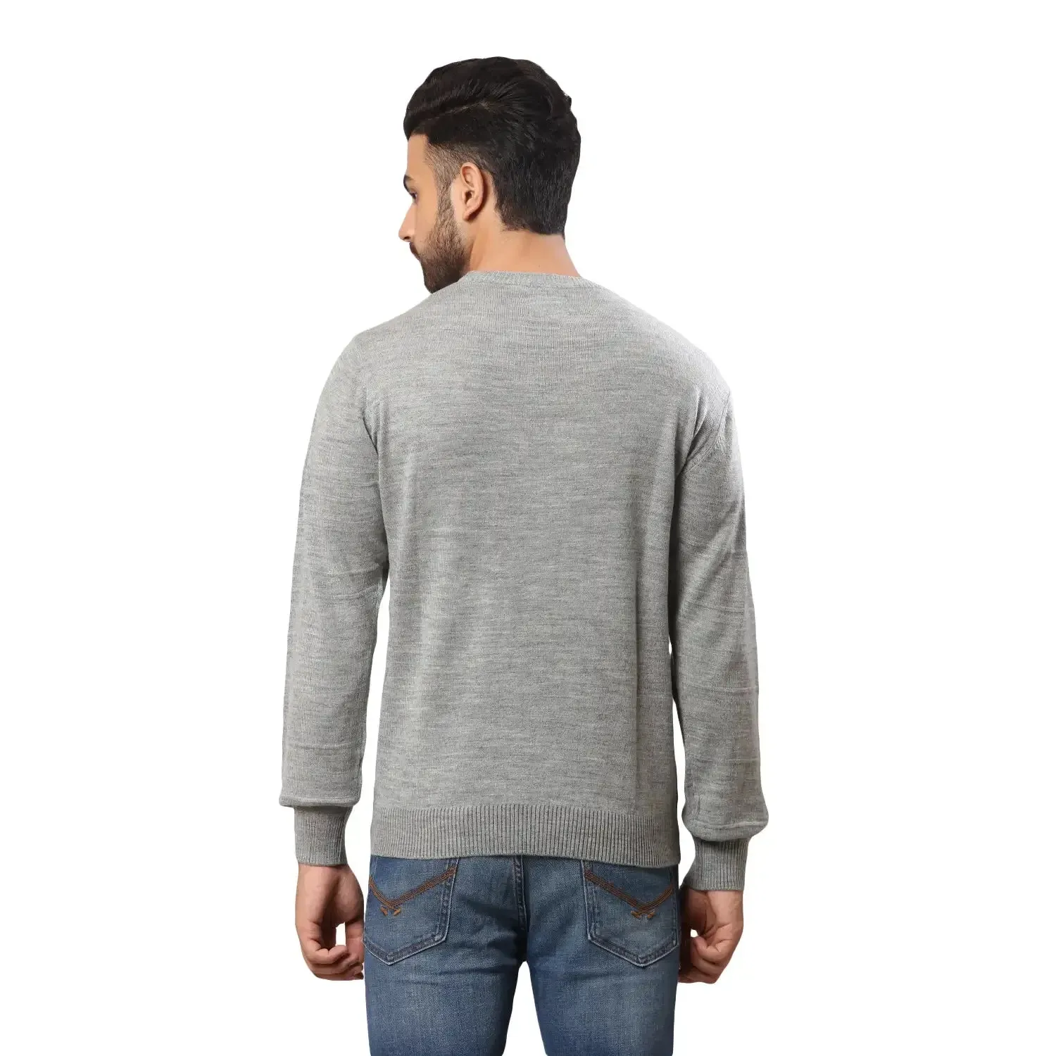 Men Grey Structure Cable Acrylic Wool Blend Full Sleeve V Neck Collar Sweaters