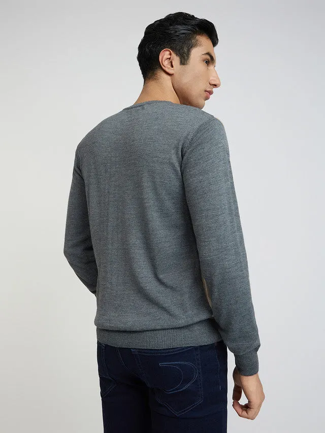 Men Grey Structure Cable Acrylic Wool Blend Round Collar Sweaters