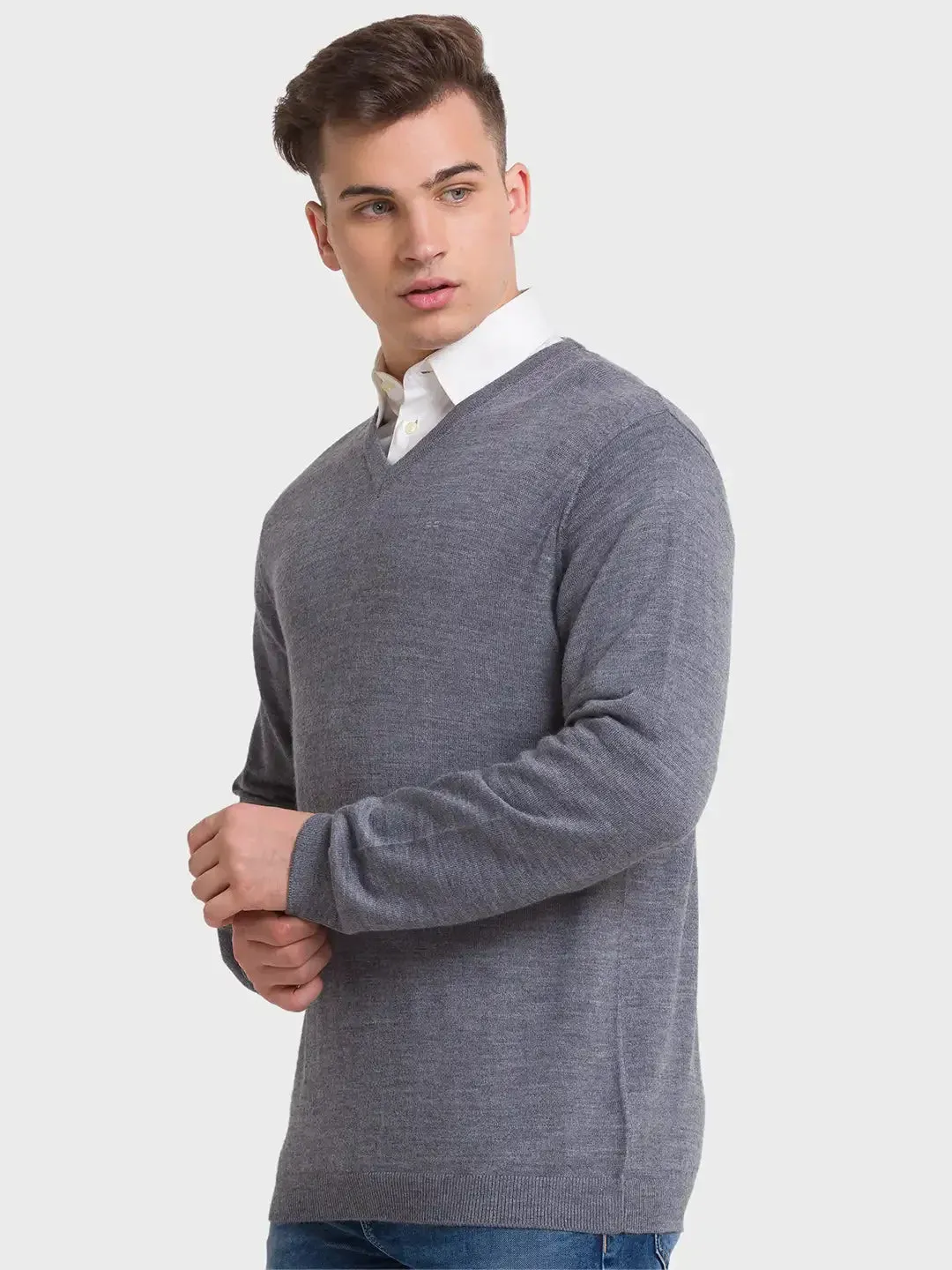 Men Grey Tailored Fit Solid Merino Wool Acrylic Blend Full Sleeve V Neck Collar Sweaters