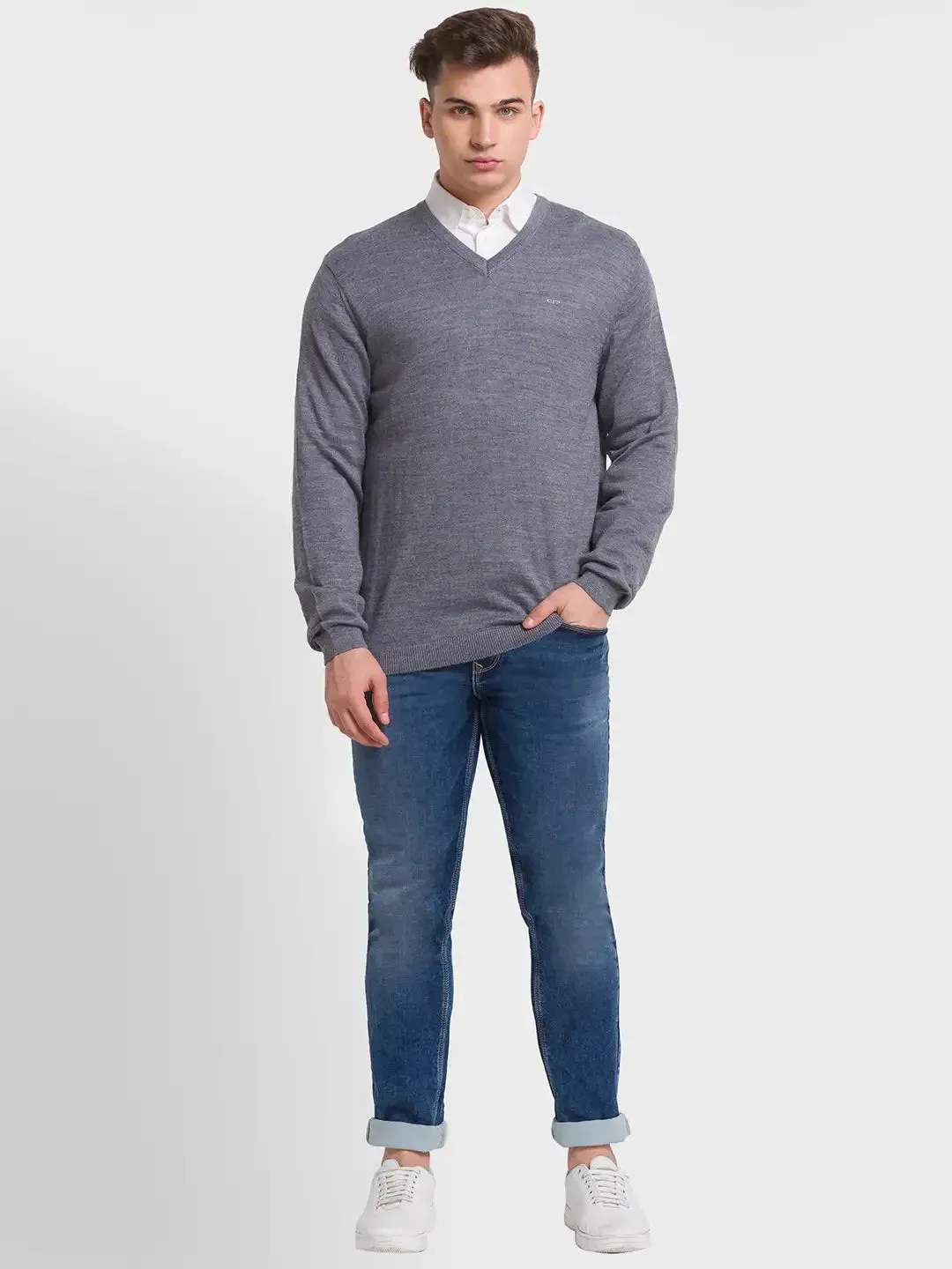 Men Grey Tailored Fit Solid Merino Wool Acrylic Blend Full Sleeve V Neck Collar Sweaters