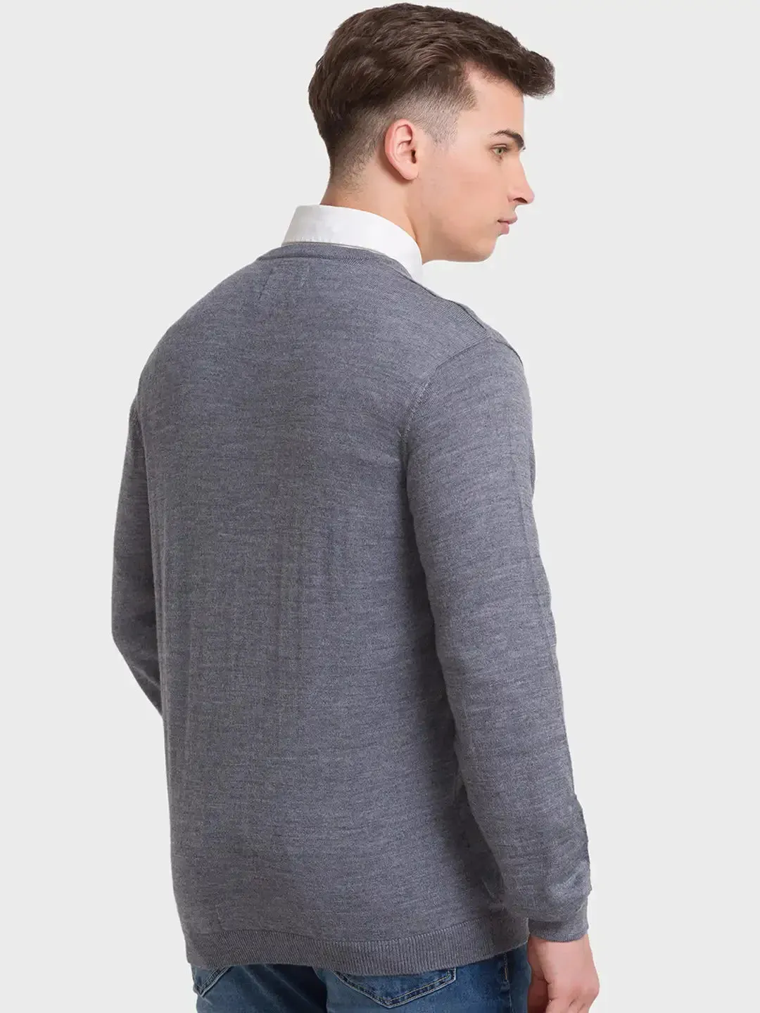 Men Grey Tailored Fit Solid Merino Wool Acrylic Blend Full Sleeve V Neck Collar Sweaters