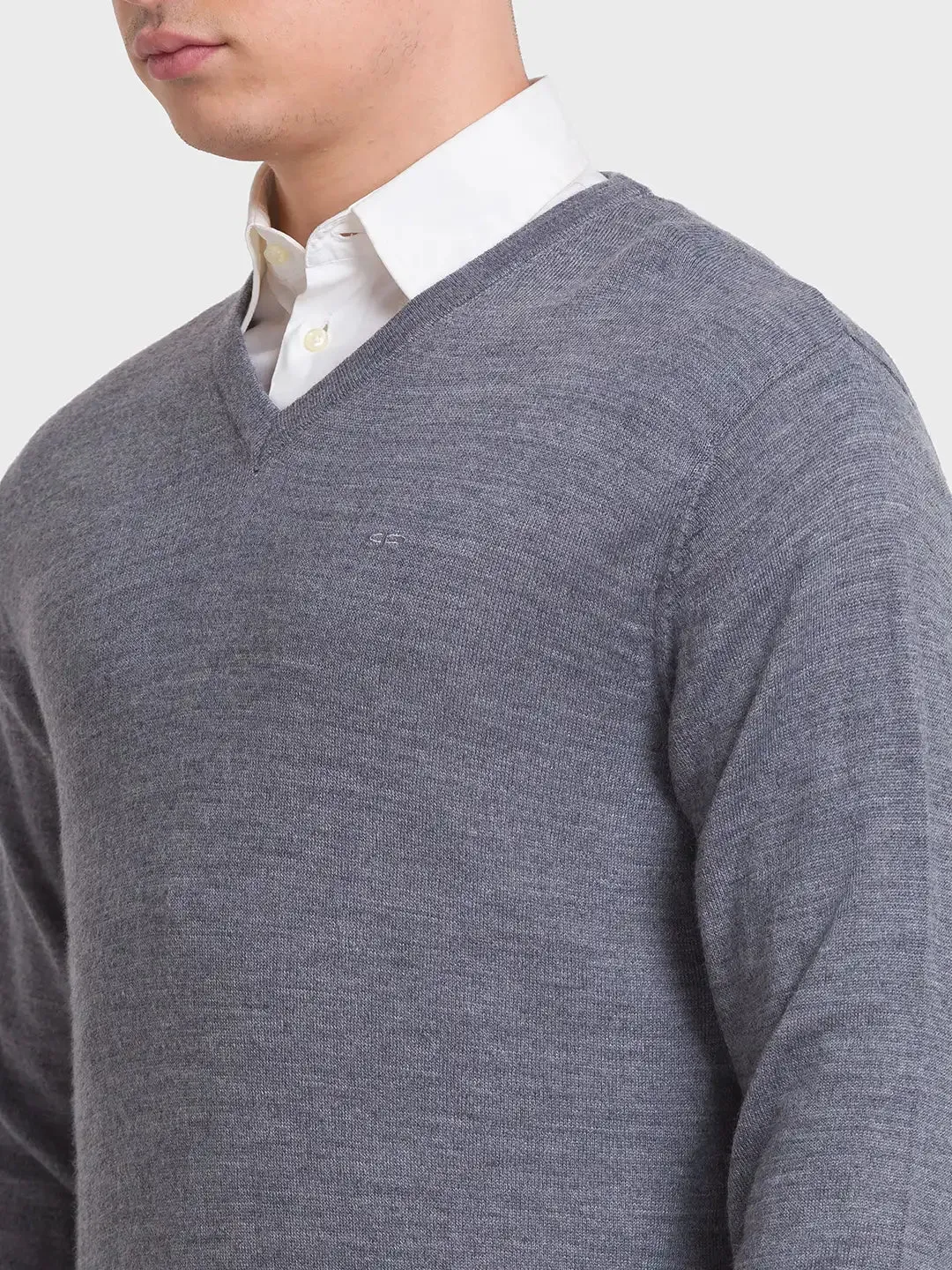 Men Grey Tailored Fit Solid Merino Wool Acrylic Blend Full Sleeve V Neck Collar Sweaters