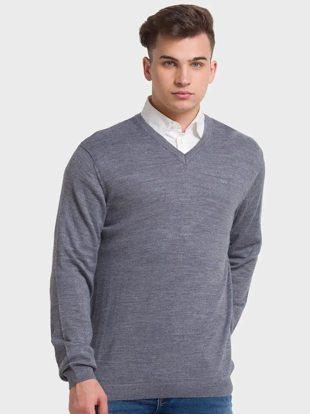 Men Grey Tailored Fit Solid Merino Wool Acrylic Blend Full Sleeve V Neck Collar Sweaters