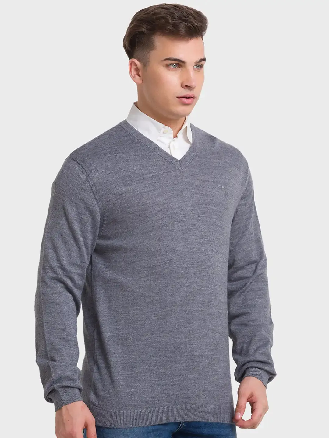 Men Grey Tailored Fit Solid Merino Wool Acrylic Blend Full Sleeve V Neck Collar Sweaters