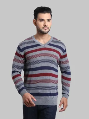 Men Grey Tailored Fit Stripe Acrylic Wool Blend Full Sleeve V Neck Collar Sweaters