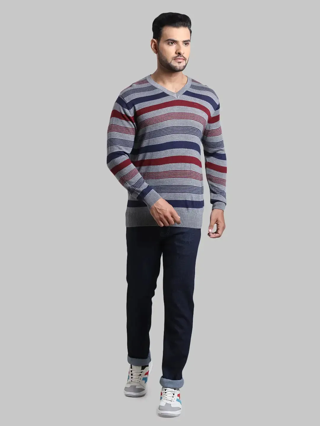 Men Grey Tailored Fit Stripe Acrylic Wool Blend Full Sleeve V Neck Collar Sweaters