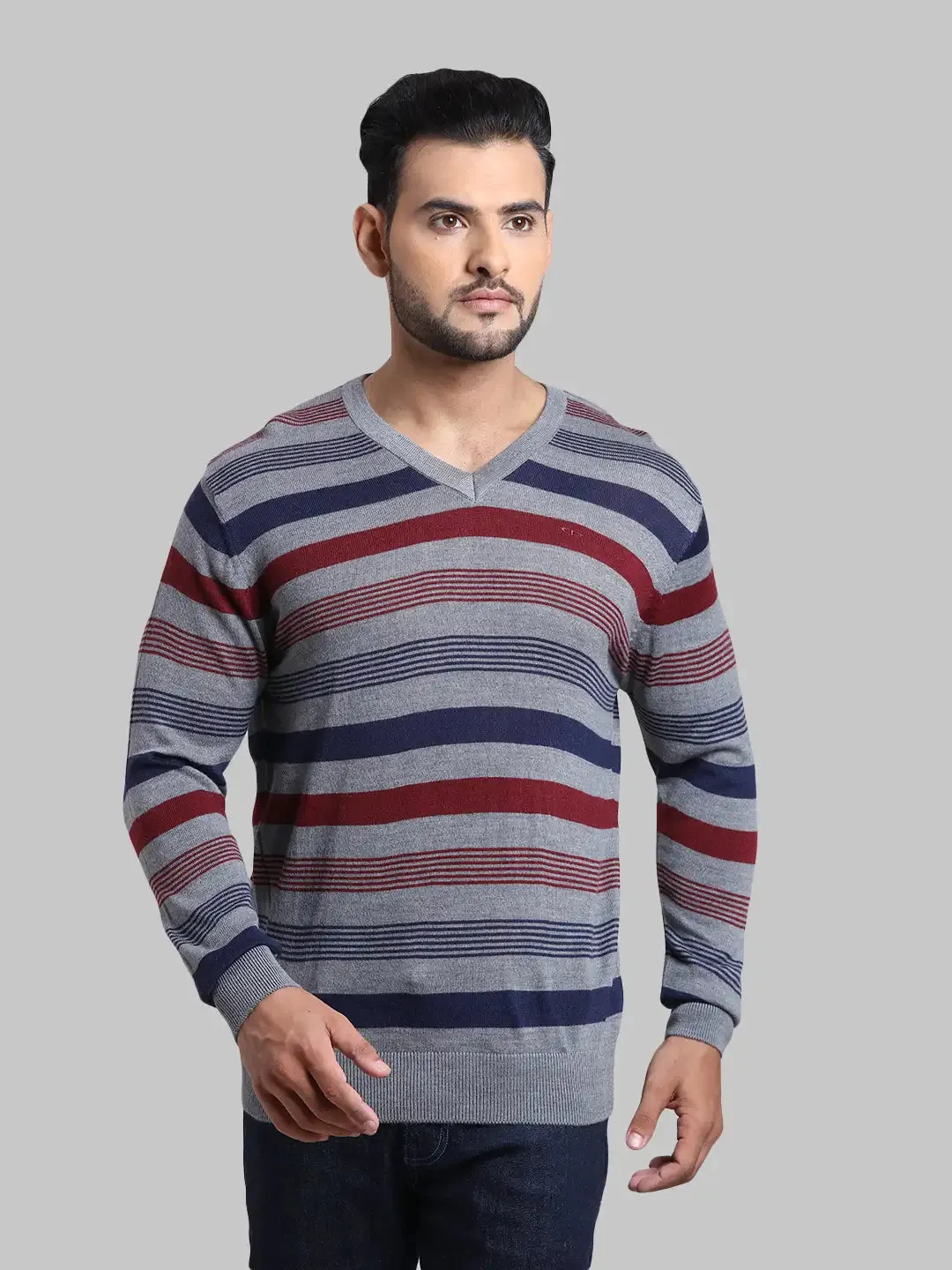 Men Grey Tailored Fit Stripe Acrylic Wool Blend Full Sleeve V Neck Collar Sweaters