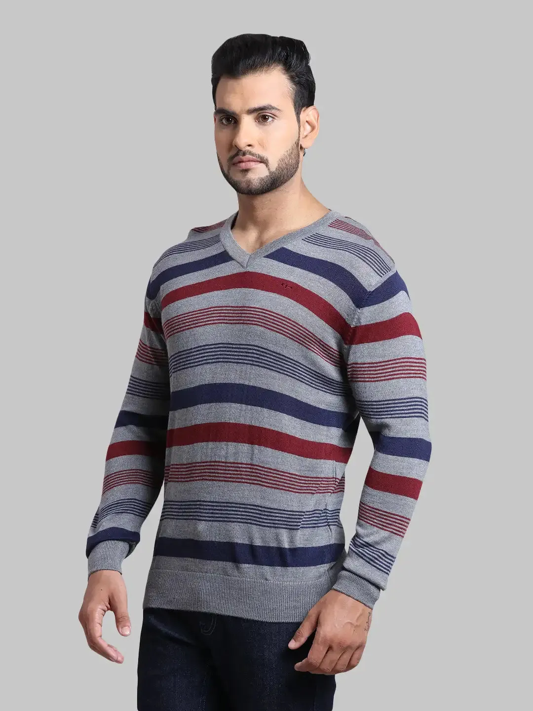 Men Grey Tailored Fit Stripe Acrylic Wool Blend Full Sleeve V Neck Collar Sweaters