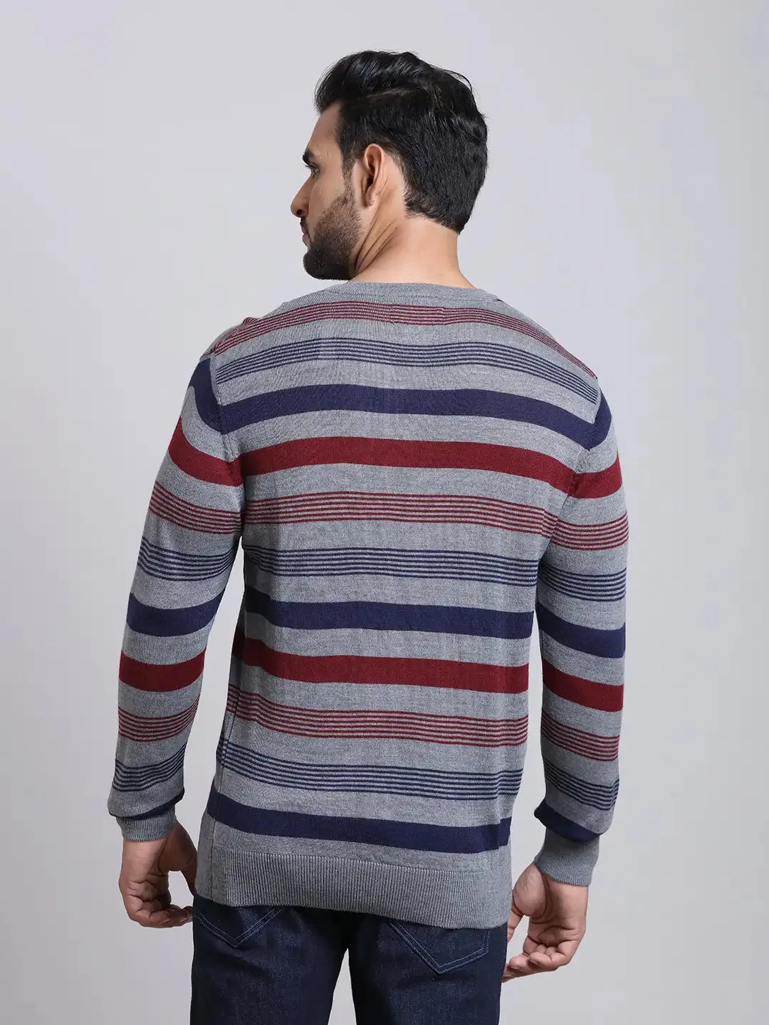 Men Grey Tailored Fit Stripe Acrylic Wool Blend Full Sleeve V Neck Collar Sweaters