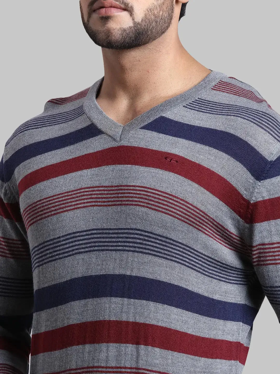 Men Grey Tailored Fit Stripe Acrylic Wool Blend Full Sleeve V Neck Collar Sweaters