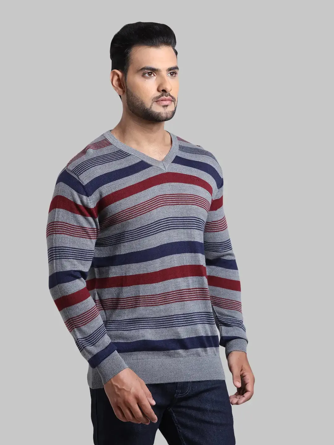 Men Grey Tailored Fit Stripe Acrylic Wool Blend Full Sleeve V Neck Collar Sweaters