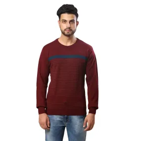 Men Maroon Stripe Acrylic Wool Blend Round Collar Sweaters